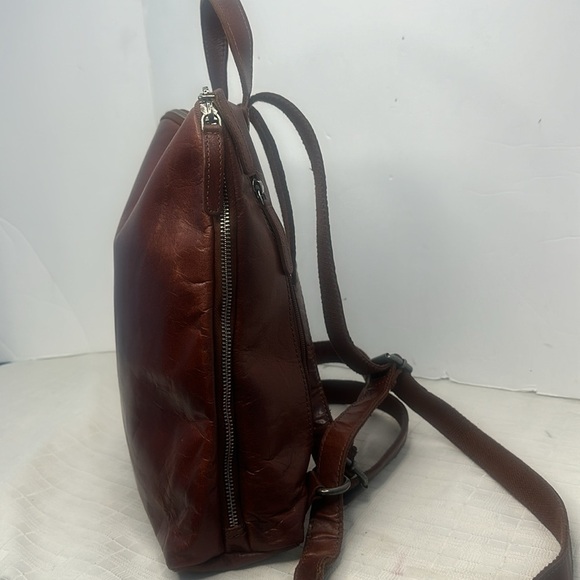 Wild West Los Angeles Cognac Brown Leather Backpack Plaid Interior Card Slots - Picture 4 of 10